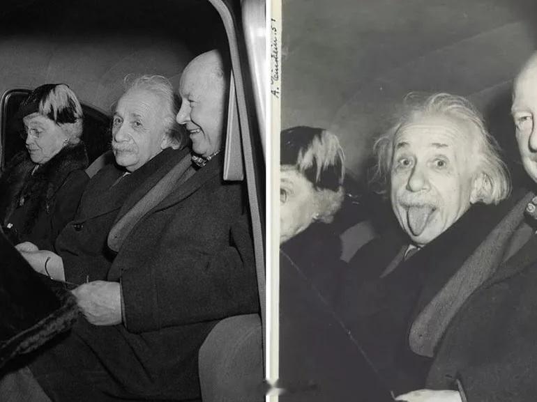 阿尔伯特·爱因斯坦在他伸出舌头的标志性照片前 