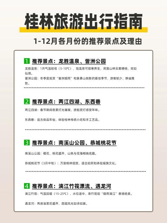 总结：桂林四季游玩亮点 春（3-5月）：赏花、烟雨漓江、梯田灌水。 夏...