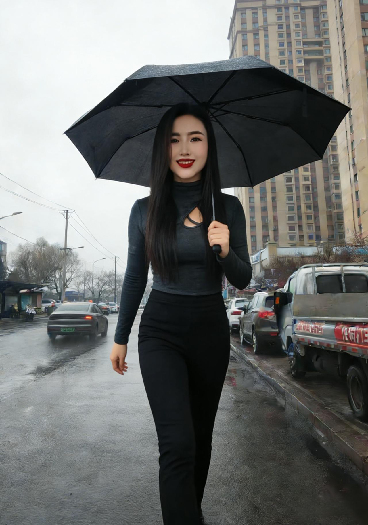 湿路长街行玉人，风裁衣袂柳腰身。
伞边雨线织成帘，难掩眉间一段春。