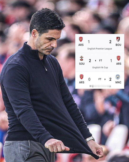 阿森纳过去三周的表现：⚫️ 在联赛杯中负于曼城  ⚫️ 在足总杯中被英冠球队南安