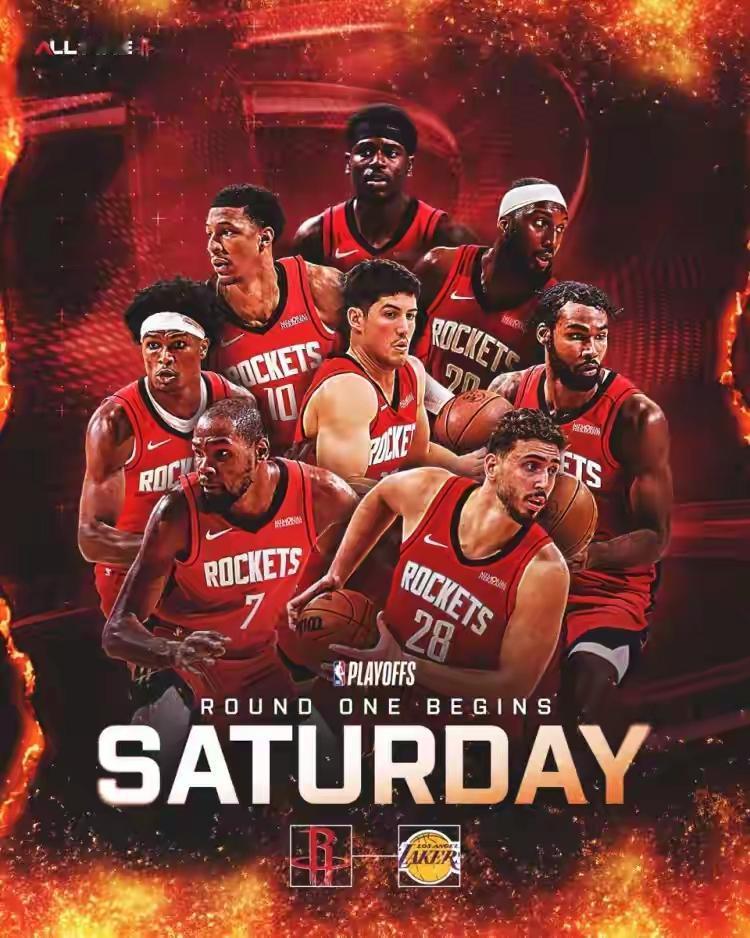 季后赛第一轮确定，湖人对阵火箭。这可能是詹姆斯与杜兰特最后一次季后赛交手。
  