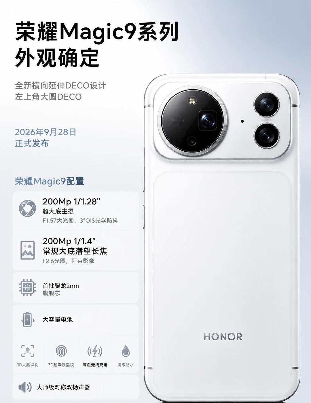 荣耀Magic9系列外观曝光
全新横向延伸+左上角大圆DECO。
定档9月28日