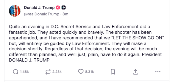 阿川最新发帖：枪手已经被逮捕，我已经建议“让活动继续进行”，但我会完全听从执法部