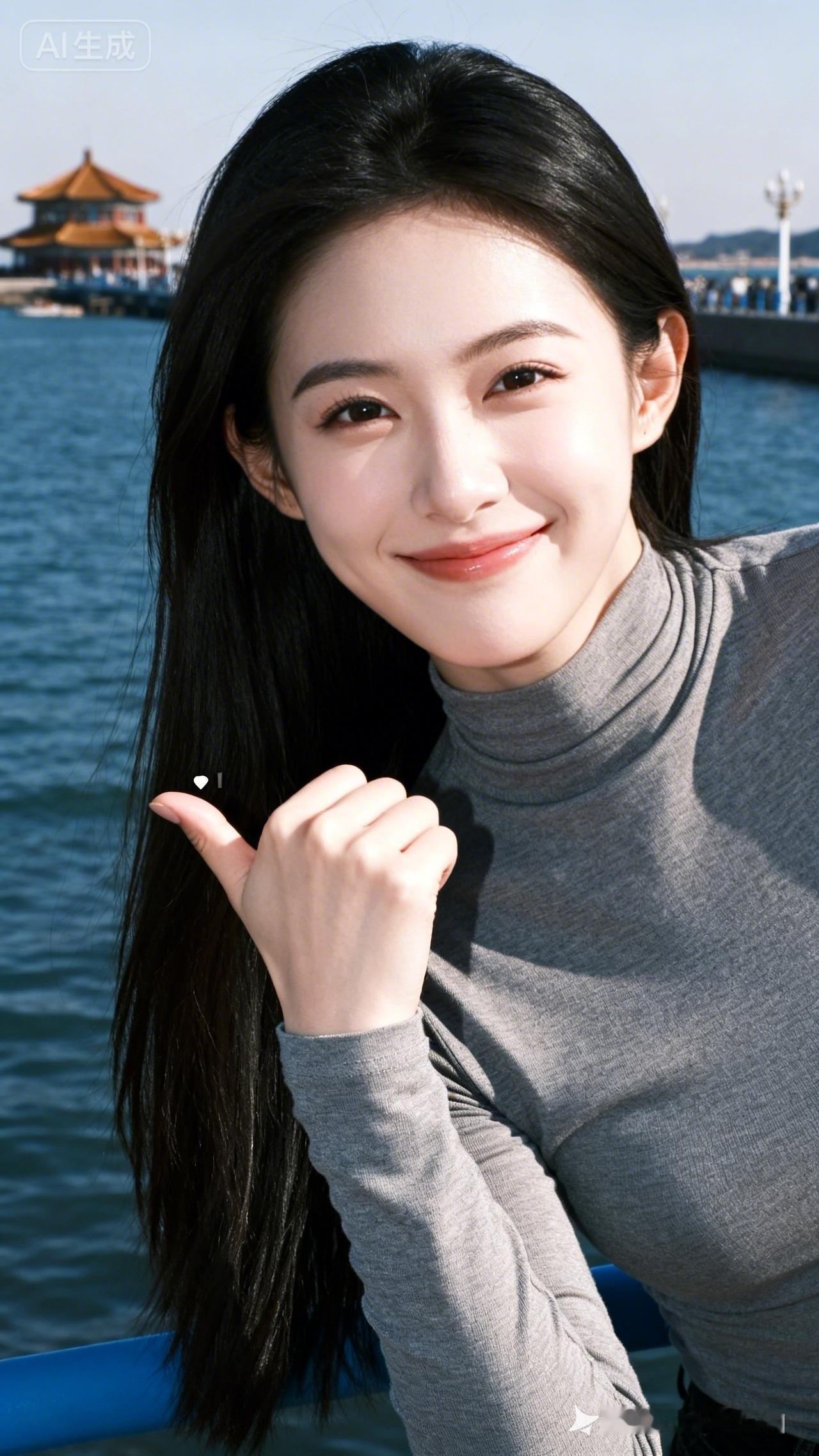元气少女在湖边自拍，微笑比心😊