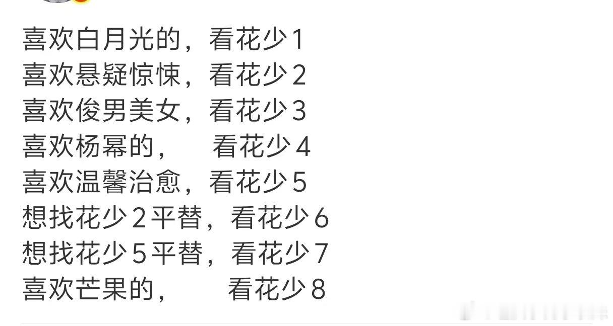 花少系列观看指南 网友总结的花少系列观看指南：喜欢白月光的，看花少1喜欢悬疑惊悚
