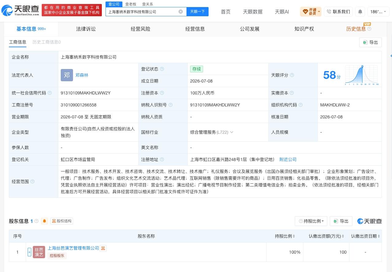 丝芭传媒在上海成立新公司

天眼查App显示，7月8日，上海塞纳禾数字科技有限公
