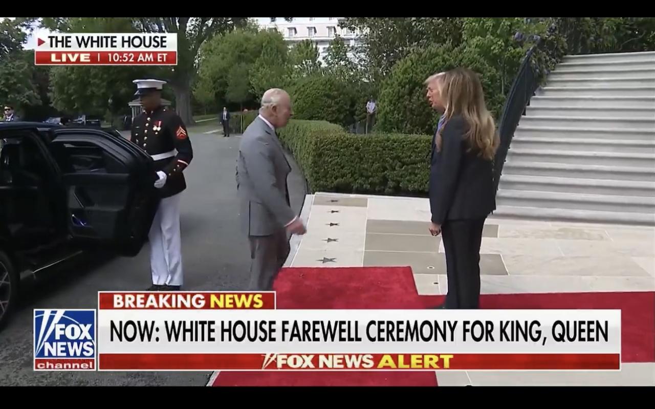 特朗普和第一夫人梅拉尼娅在白宫迎接查尔斯三世国王和卡米拉王后抵达，正式举行告别仪