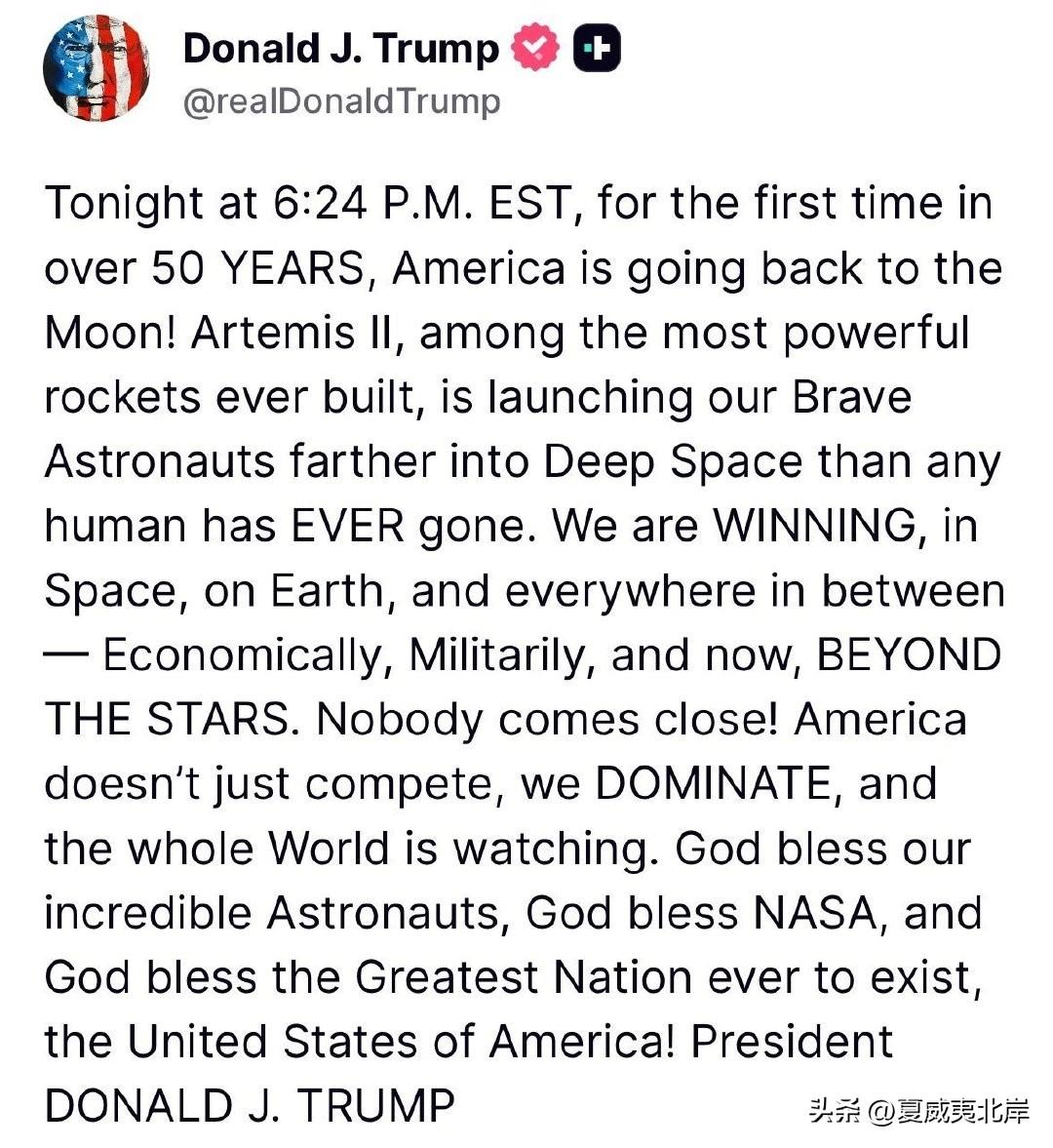 川普：
今晚美国东部时间下午6点24分，50多年来，美国将首次重返月球！Arte