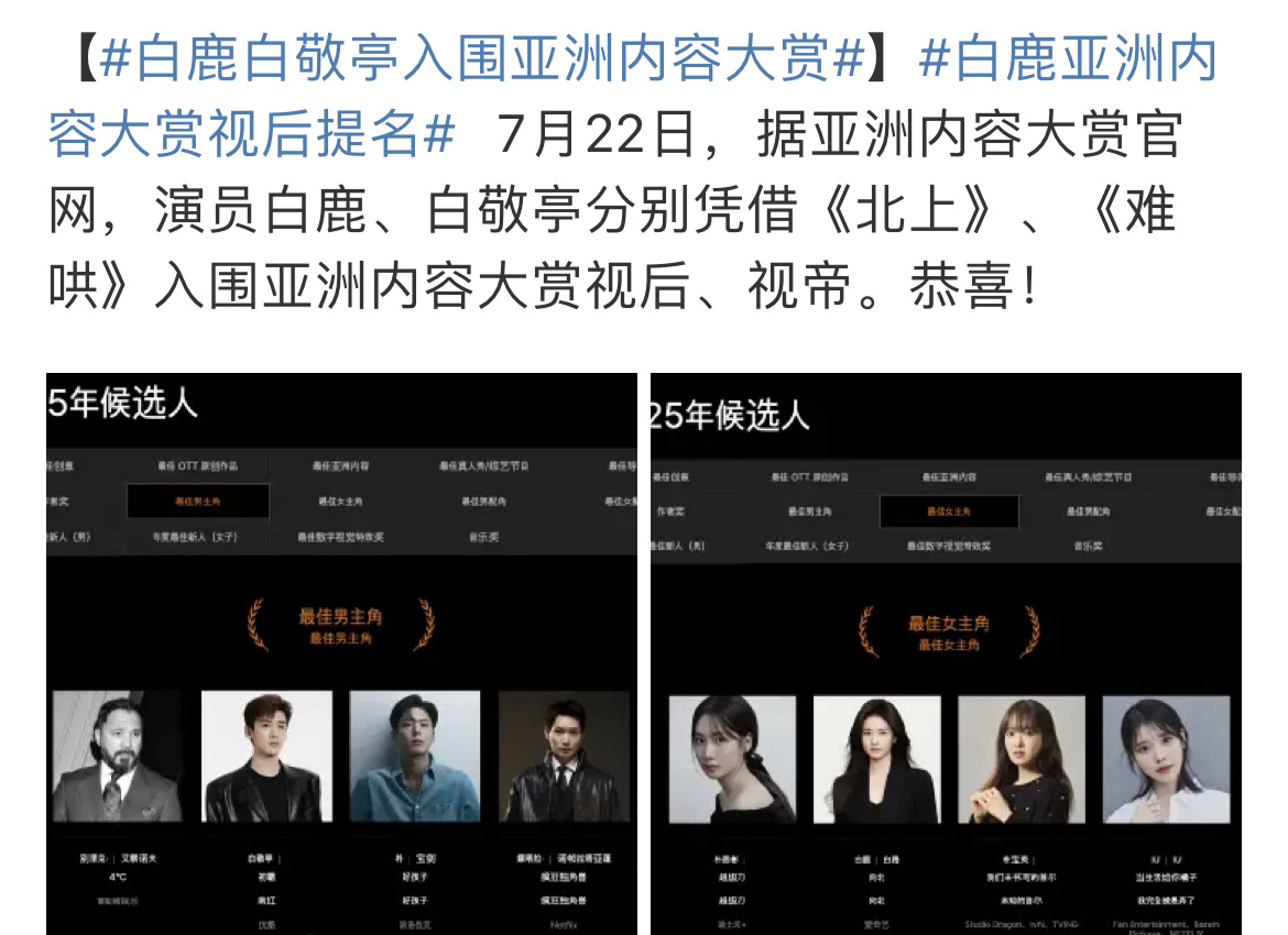 白鹿 白敬亭提名亚洲内容大赏视后视帝[666] ​​​
