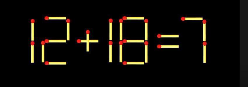 图中是火柴棒摆成的算式 12 + 18 = 7 ，显然不成立。现在要通过移动**
