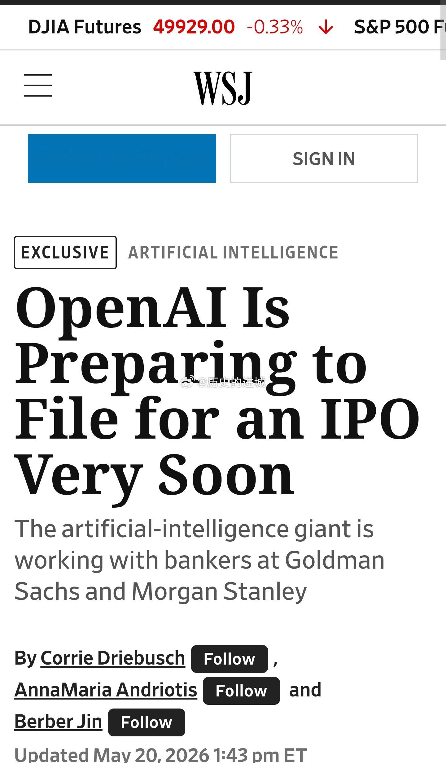 WSJ报道，OpenAI准备最早于本周五秘密提交IPO招股说明书，目标是最早在9
