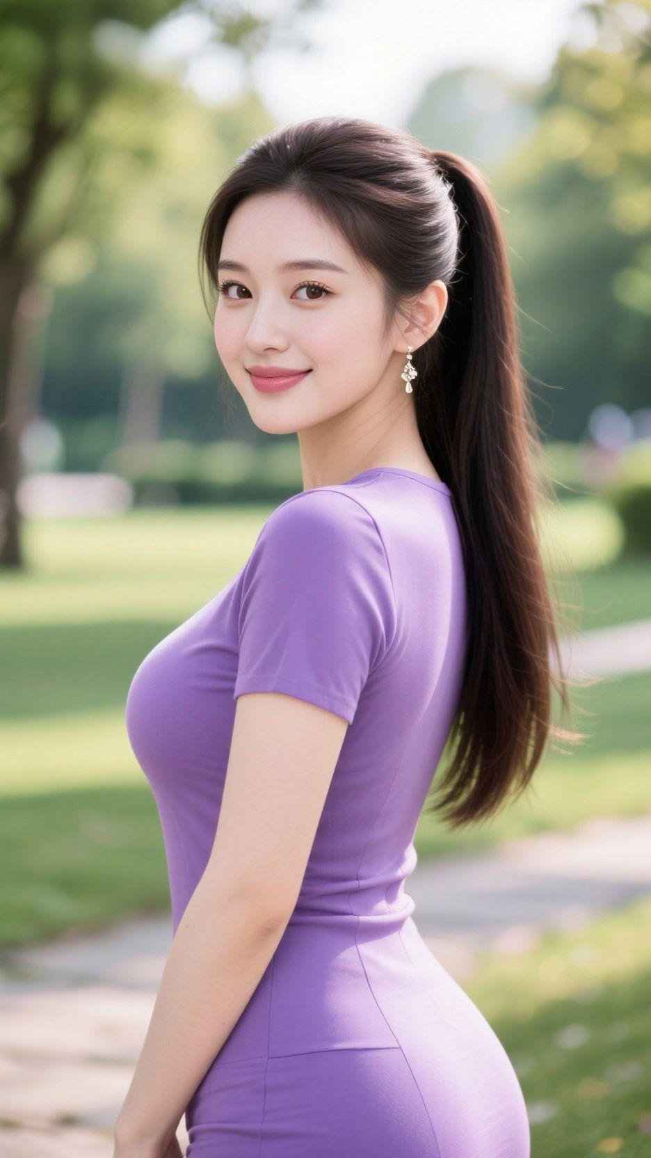 《紫衫裹着园间温》
 
园间风裹着草木香漫过步道，她立在晴光里，紫衣如轻漾的云色