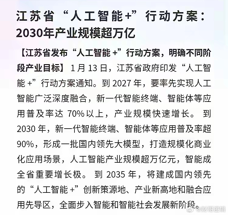 江苏省“人工智能+”行动方案：2030年产业规模超万亿，这很多省份都开始在推动人