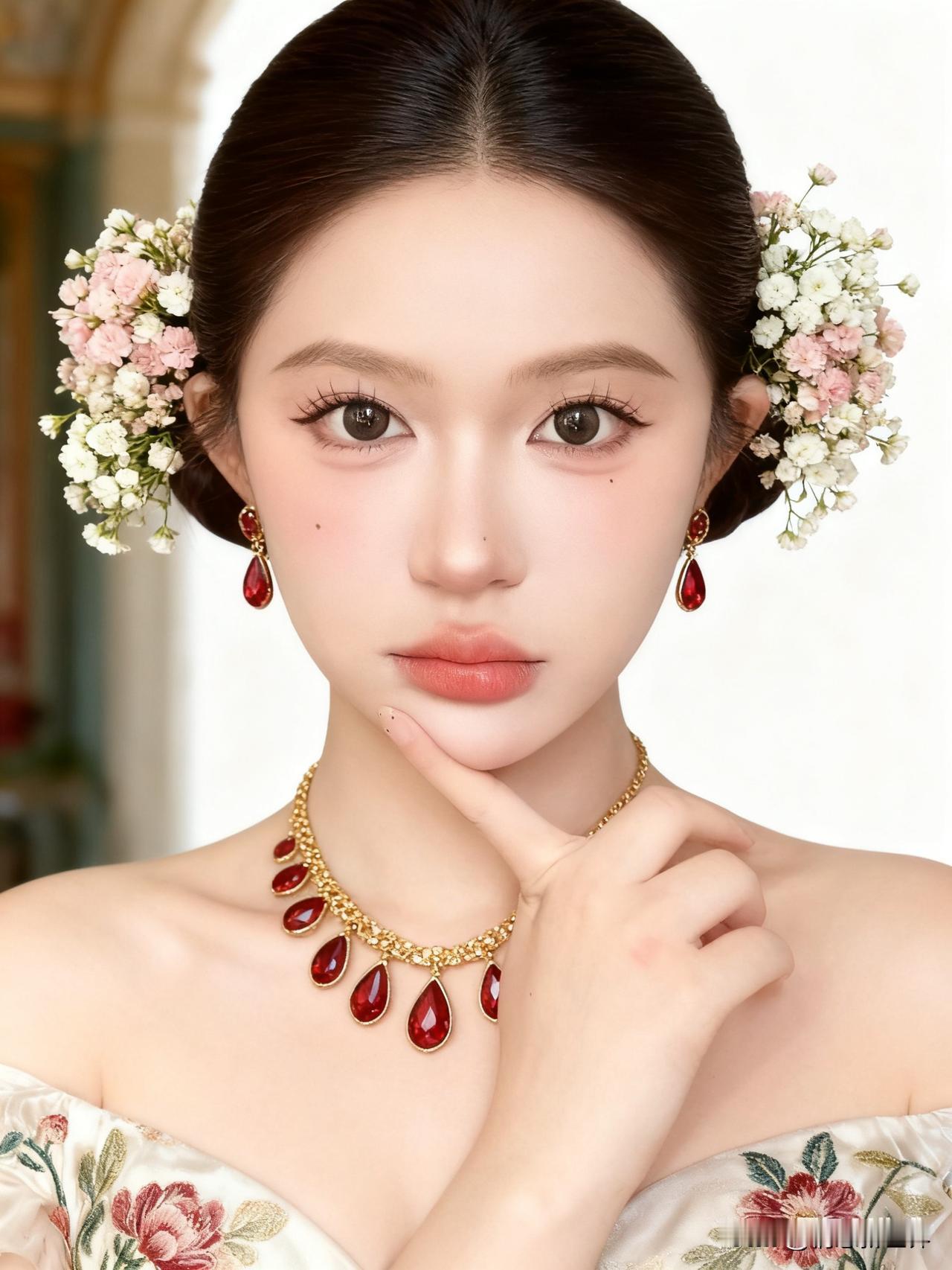 优雅古典妆容，花环点缀，红宝石项链，尽显东方韵味红宝石项链手链 蕾丝珠宝造型 红