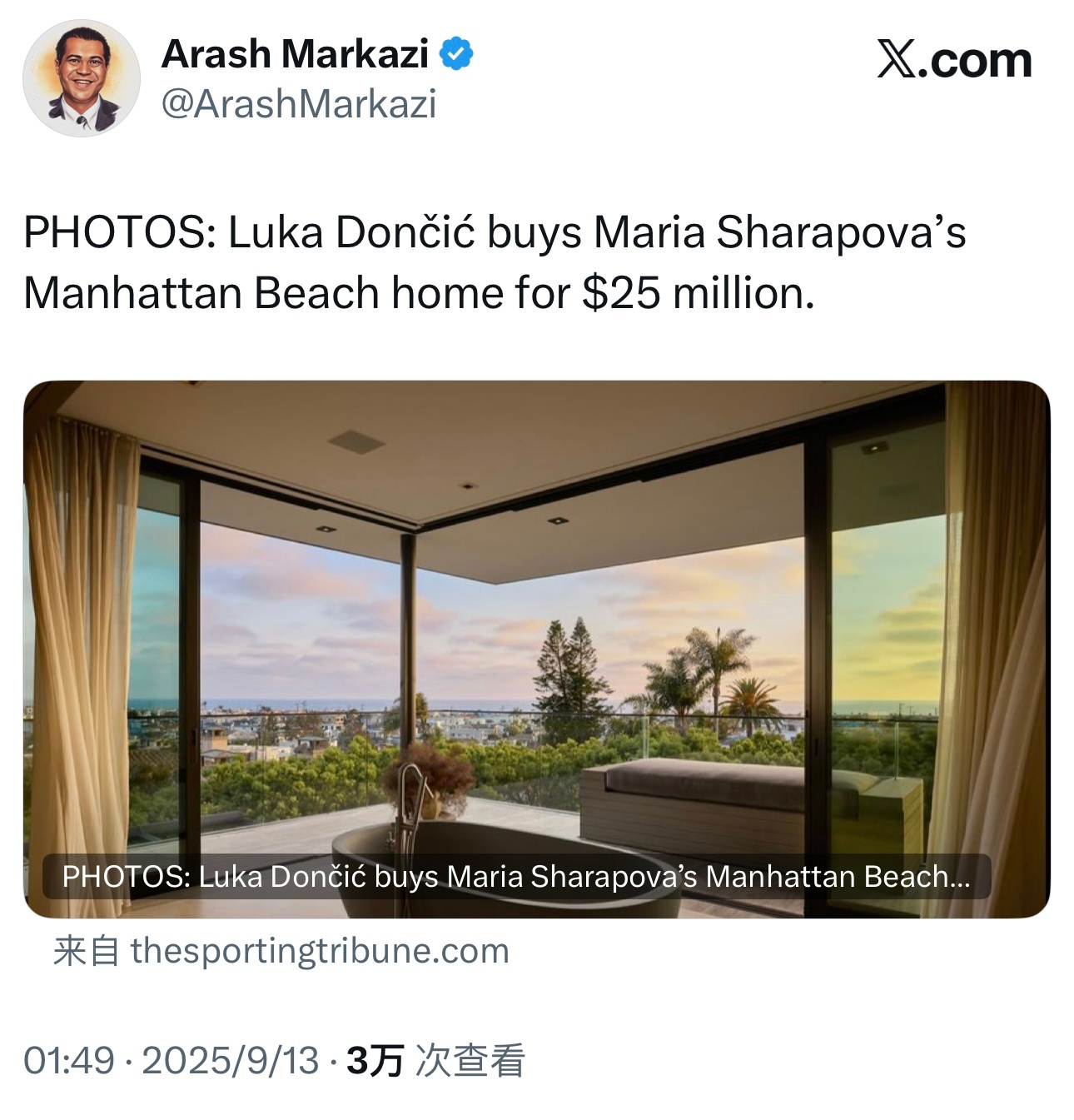 据洛杉矶记者Arash Markazi报道，湖人球星东契奇近期花费2500万美元