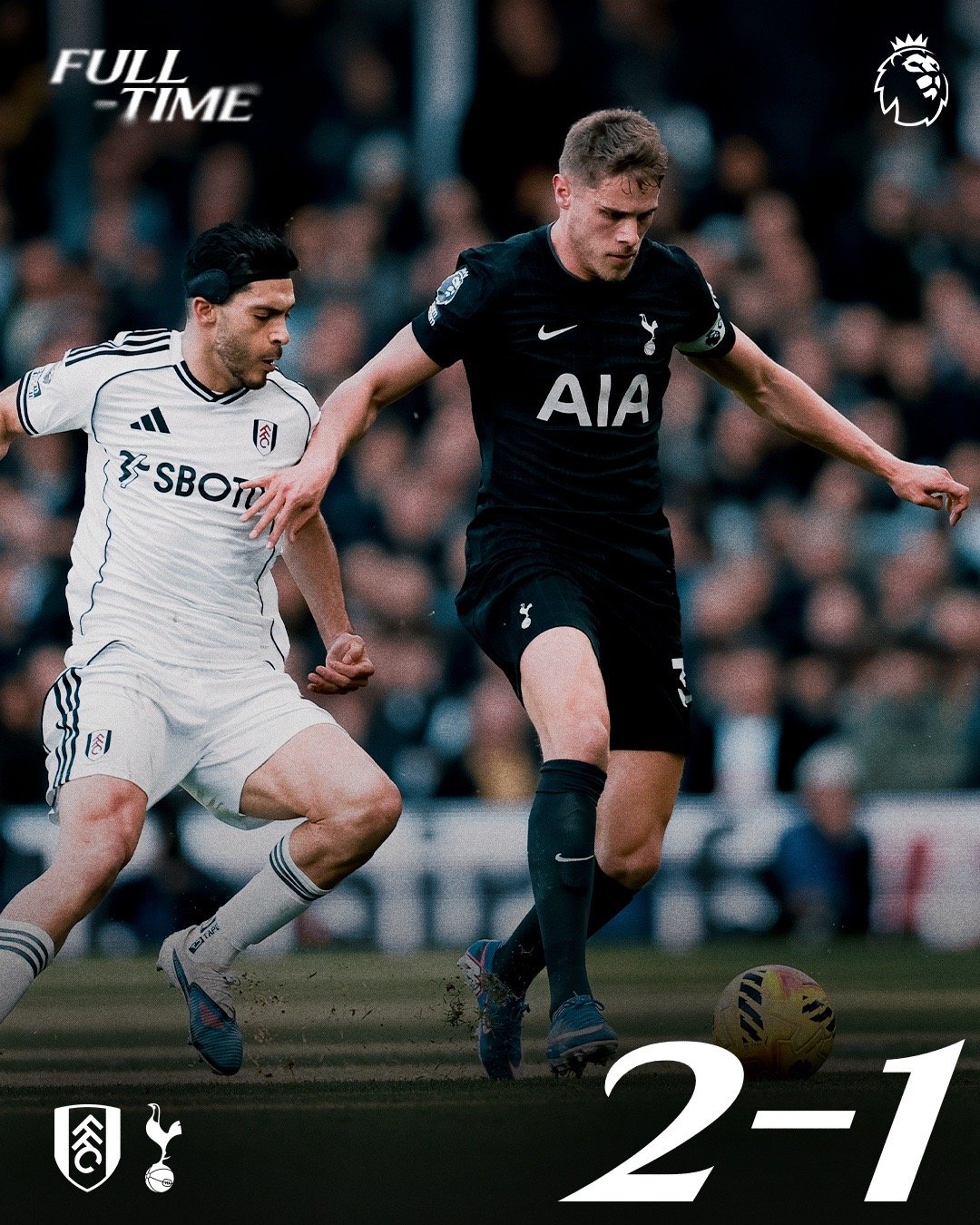 全场比赛结束，富勒姆2-1热刺 