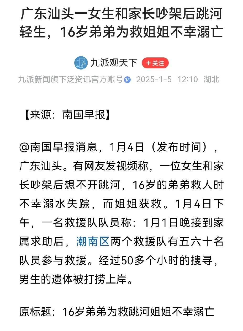 怎么说呢，这个姐姐要终生生活在内疚当中了。姐姐和家人吵架跳河，弟弟救姐姐不幸遇难