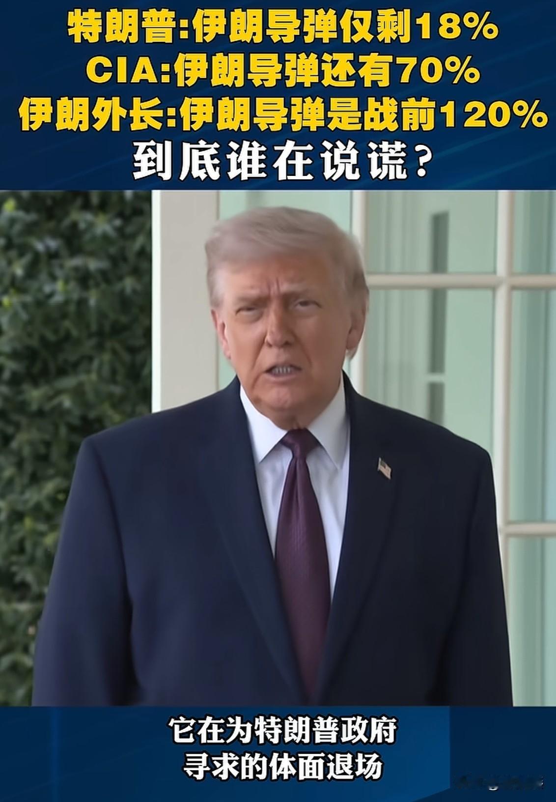 到底是谁在说谎？特朗普说：伊朗导弹数仅剩18%。
CIA中情局说：伊朗导弹数量还