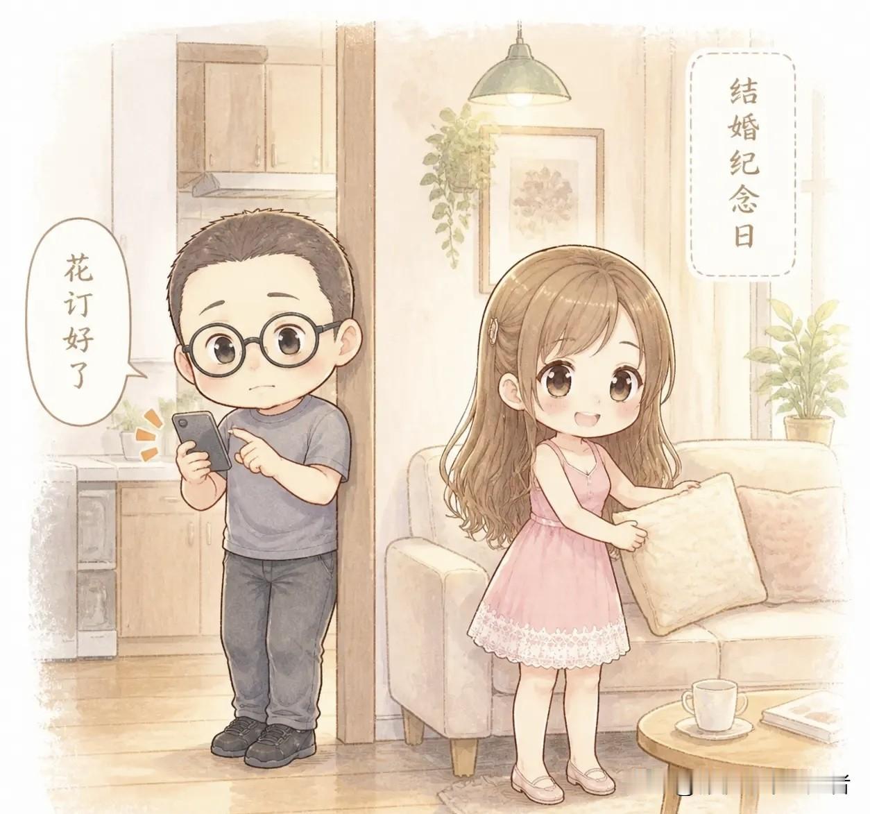 趣味漫画：结婚纪念日我偷偷订了一束花。送到的时候老婆刚好在家，她打开惊喜地喊：“