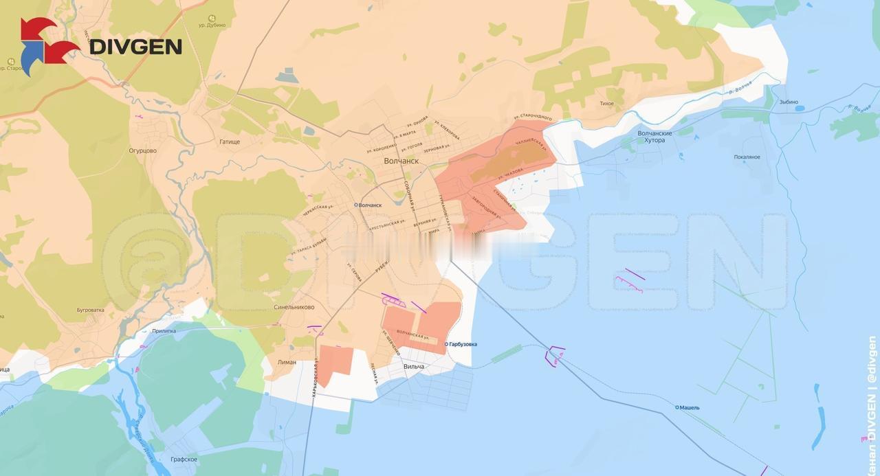 俄军在沃尔昌斯克方向的推进。控制城东大部分地区以及森林区域，并向南推进至维利奇和