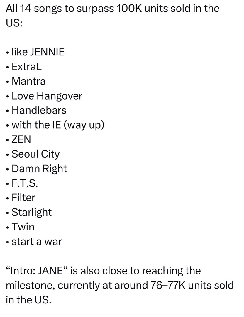 JENNIE 金珍妮的全球爆专Ruby的所有歌曲（14 首）在美国的销量均已达到