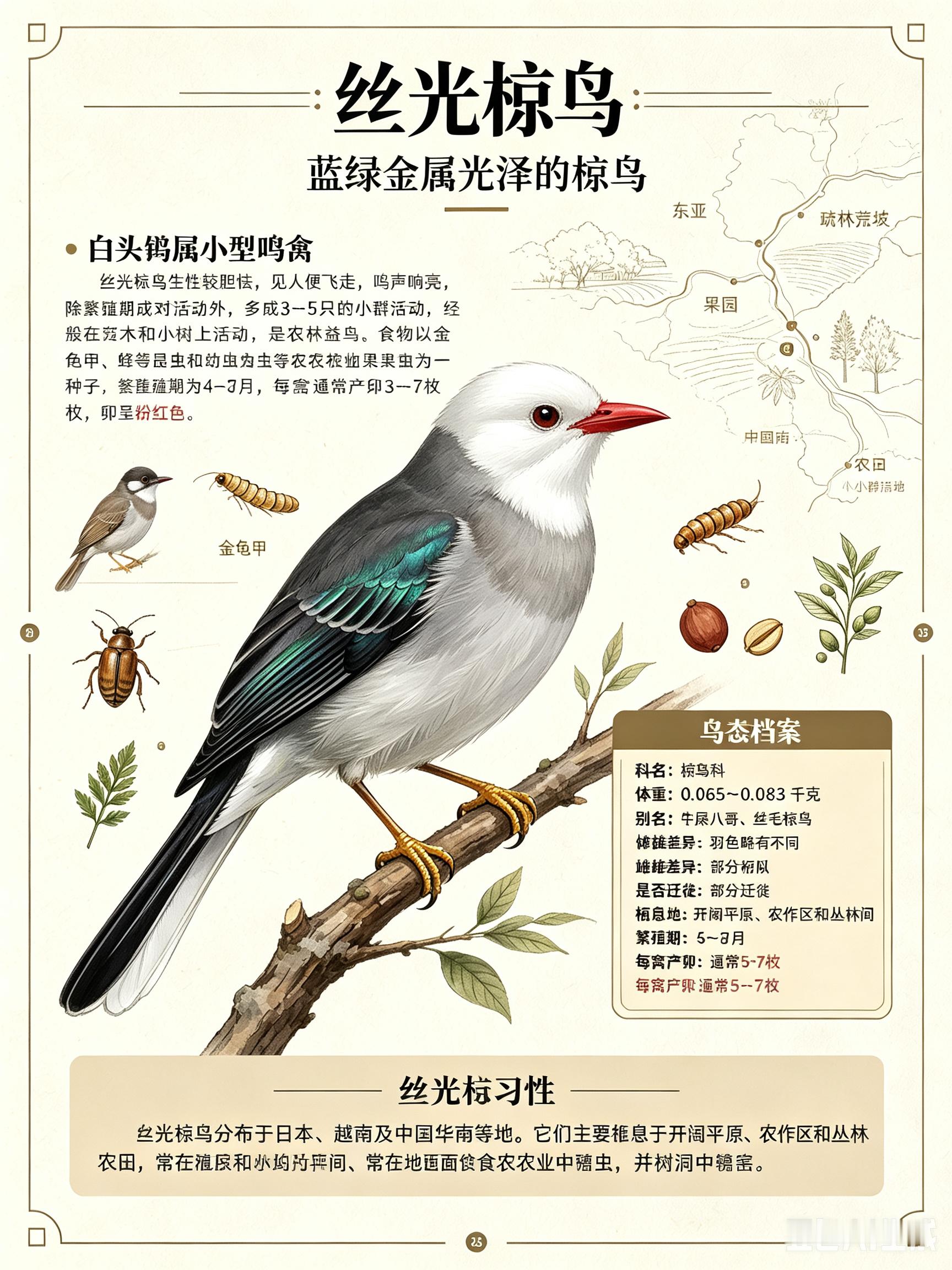 鸟类朋友图鉴 丝光椋鸟科名：椋鸟科体重：0.065～0.083千克别名：牛屎八哥