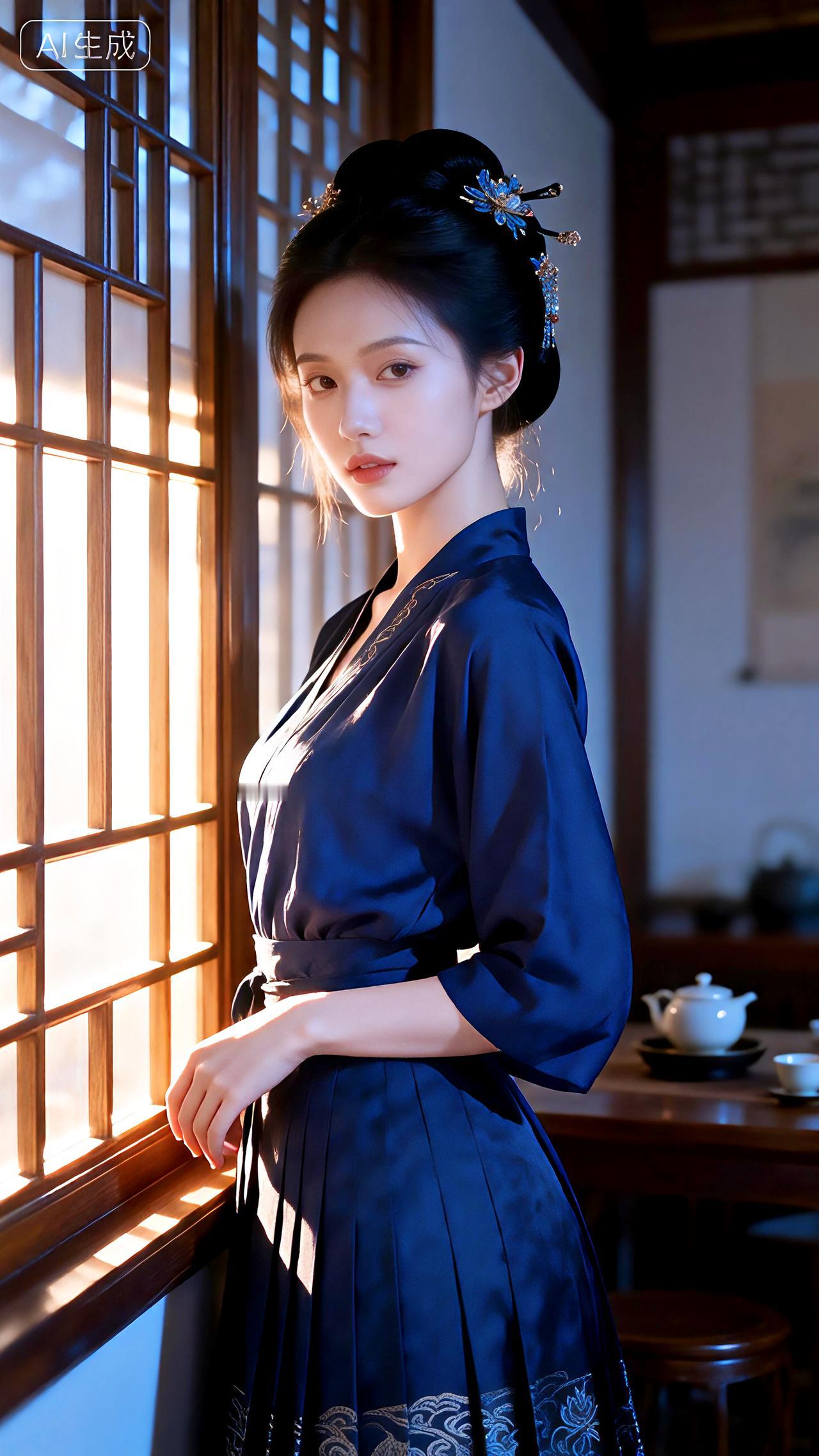 斜阳漫倚轩窗暖，堕马青丝映黛裙。壁纸 写真