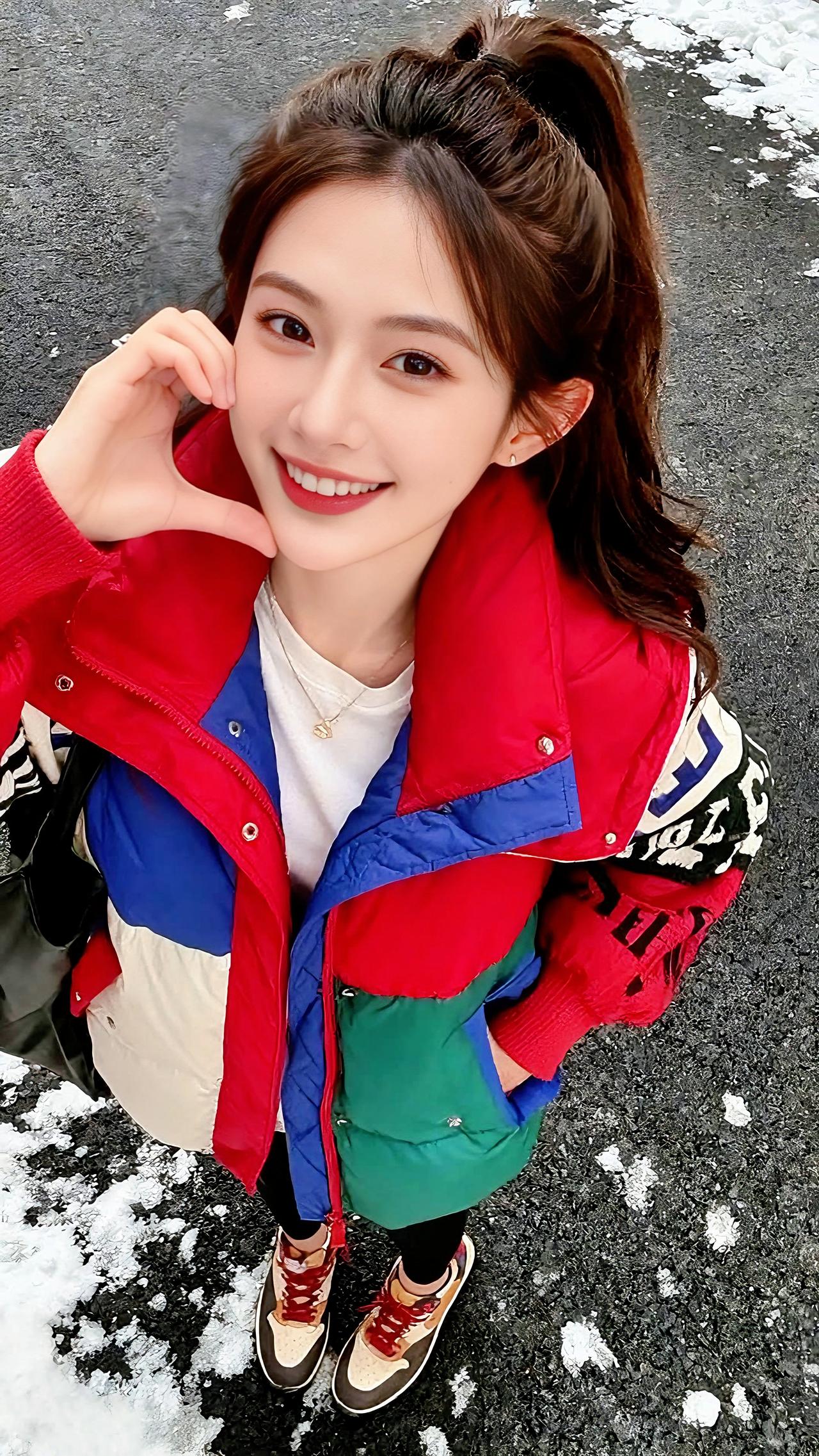 冬日暖阳下的甜美笑容，红蓝拼色羽绒服搭配，元气满满！🌞💕