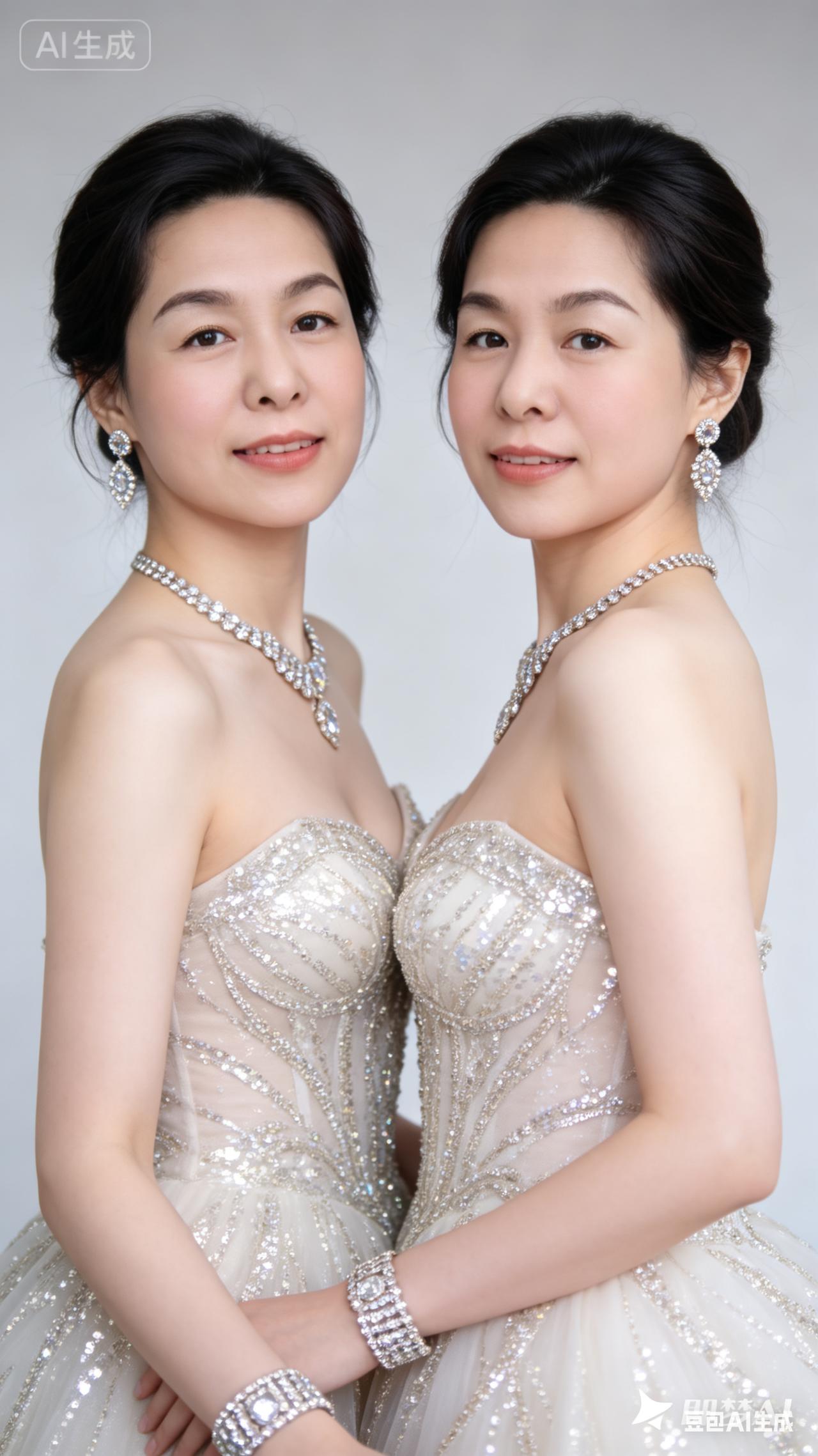 两位单生美女穿着闪亮礼服，气质优雅。你娶谁做老婆，留言: