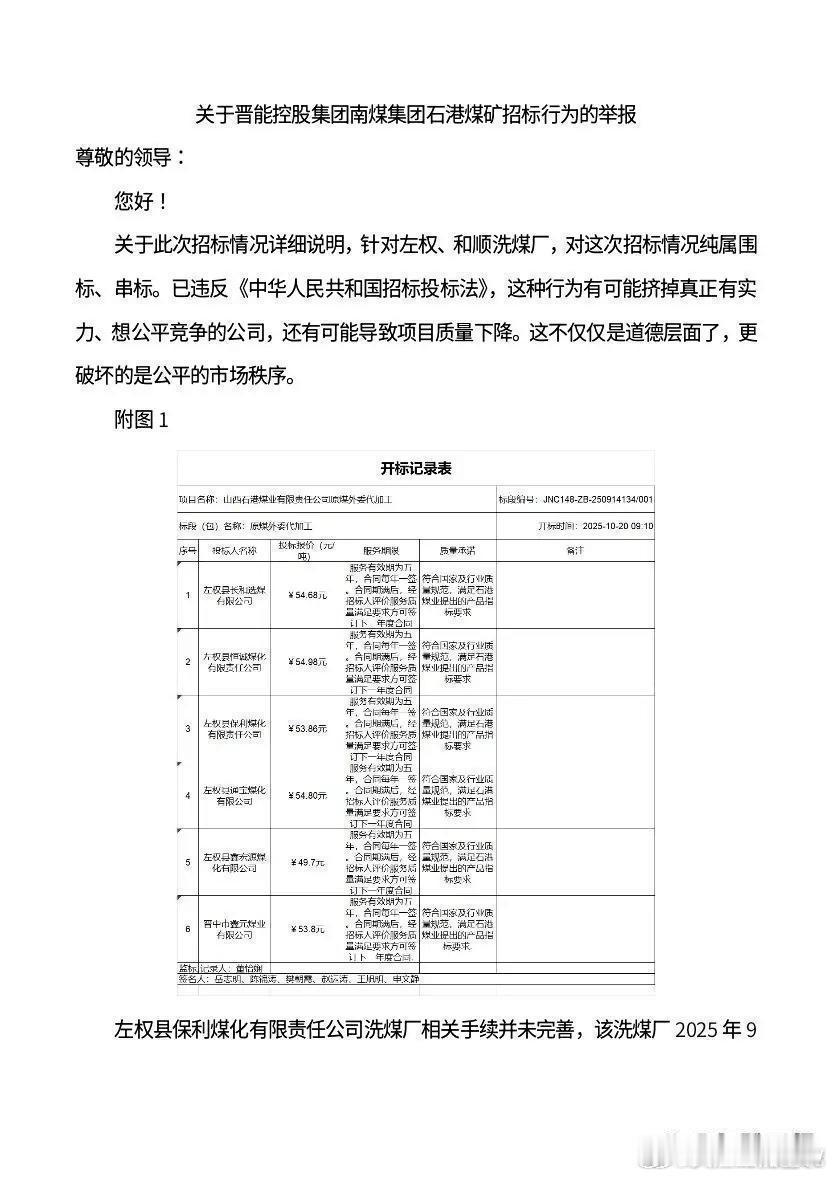 网曝晋能控股招标涉嫌串标破坏公平竞争 ​​​