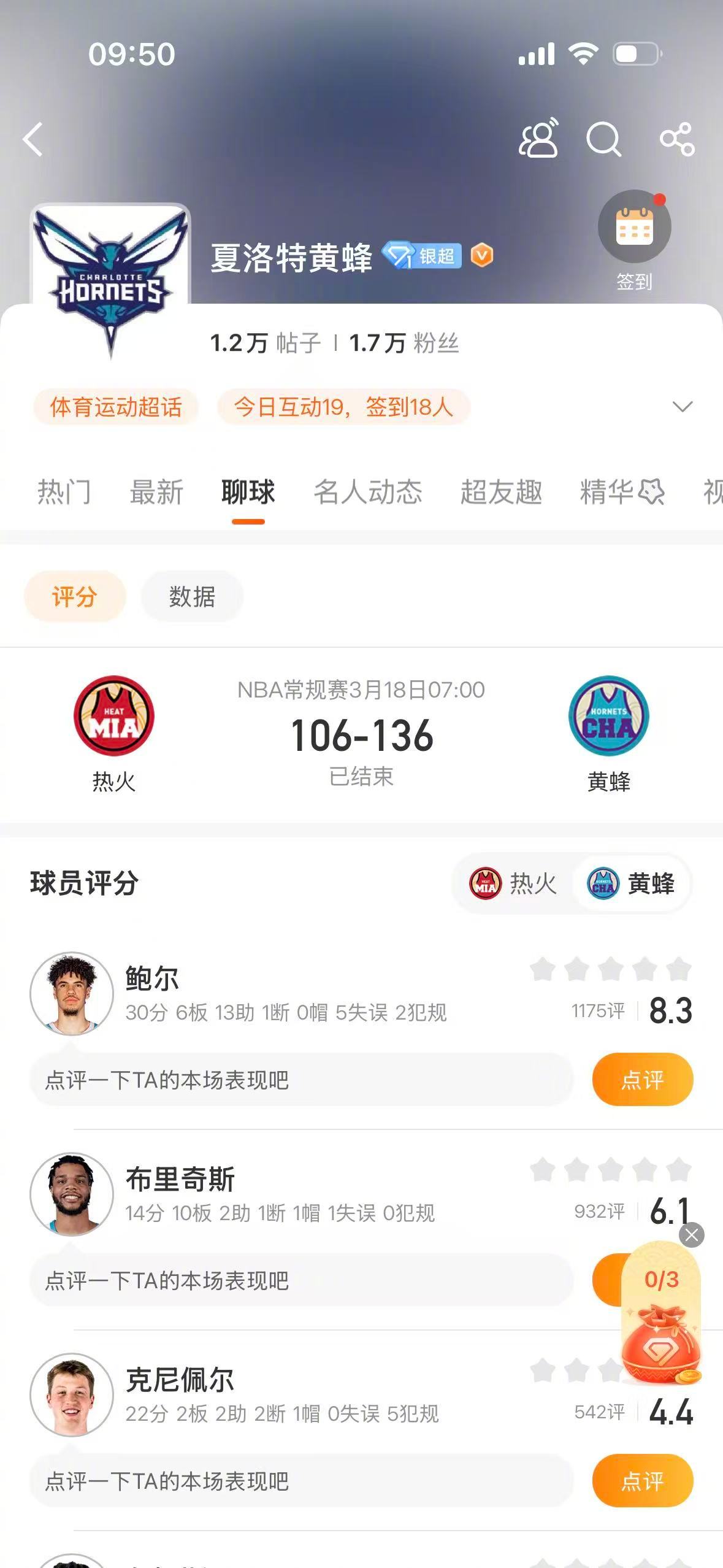 黄蜂30分大胜热火 NBA常规赛，黄蜂136-106战胜热火，鲍尔拿到30分6篮
