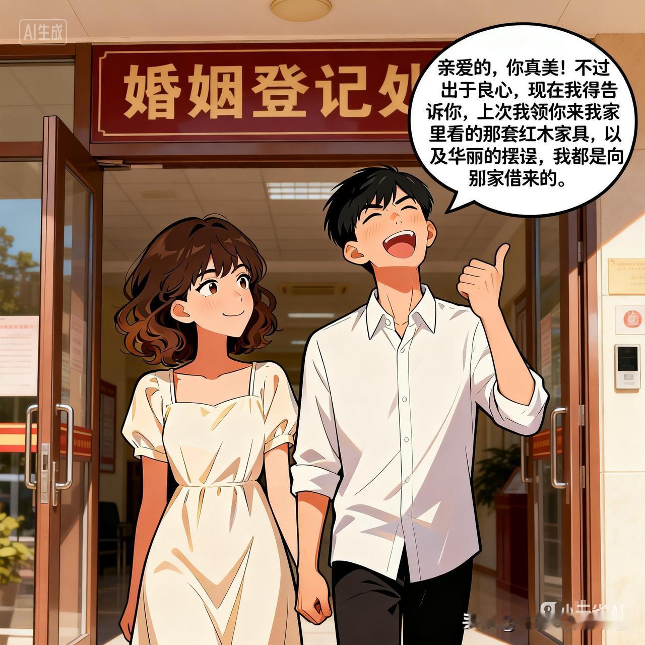 每日幽默：没关系
一对青年男女，刚从结婚登记处领证回来，他们在路上交谈着。
男的