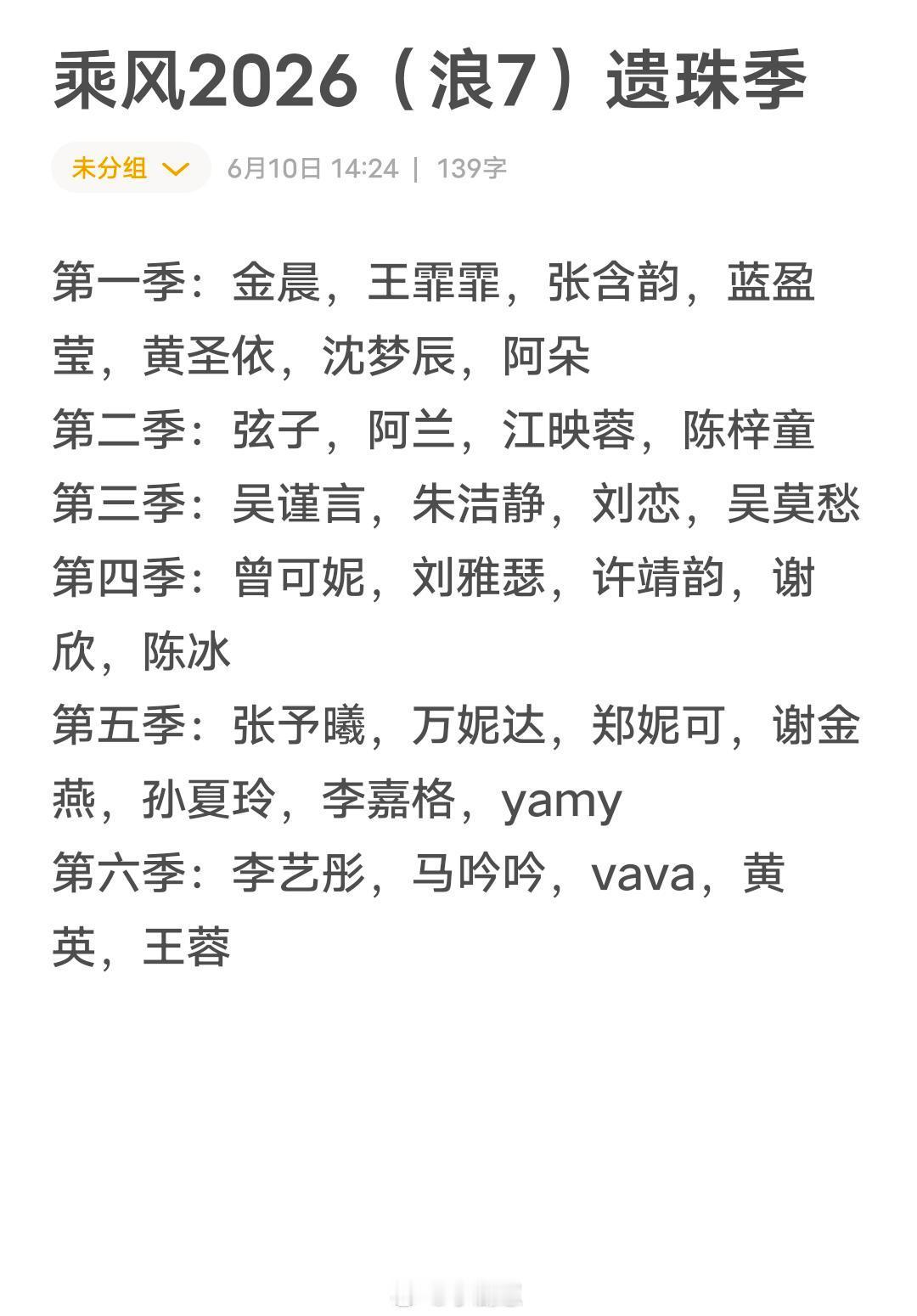 乘风2025[超话]乘风2026（浪7）遗珠季第一季：金晨，王霏霏，张含韵，蓝盈