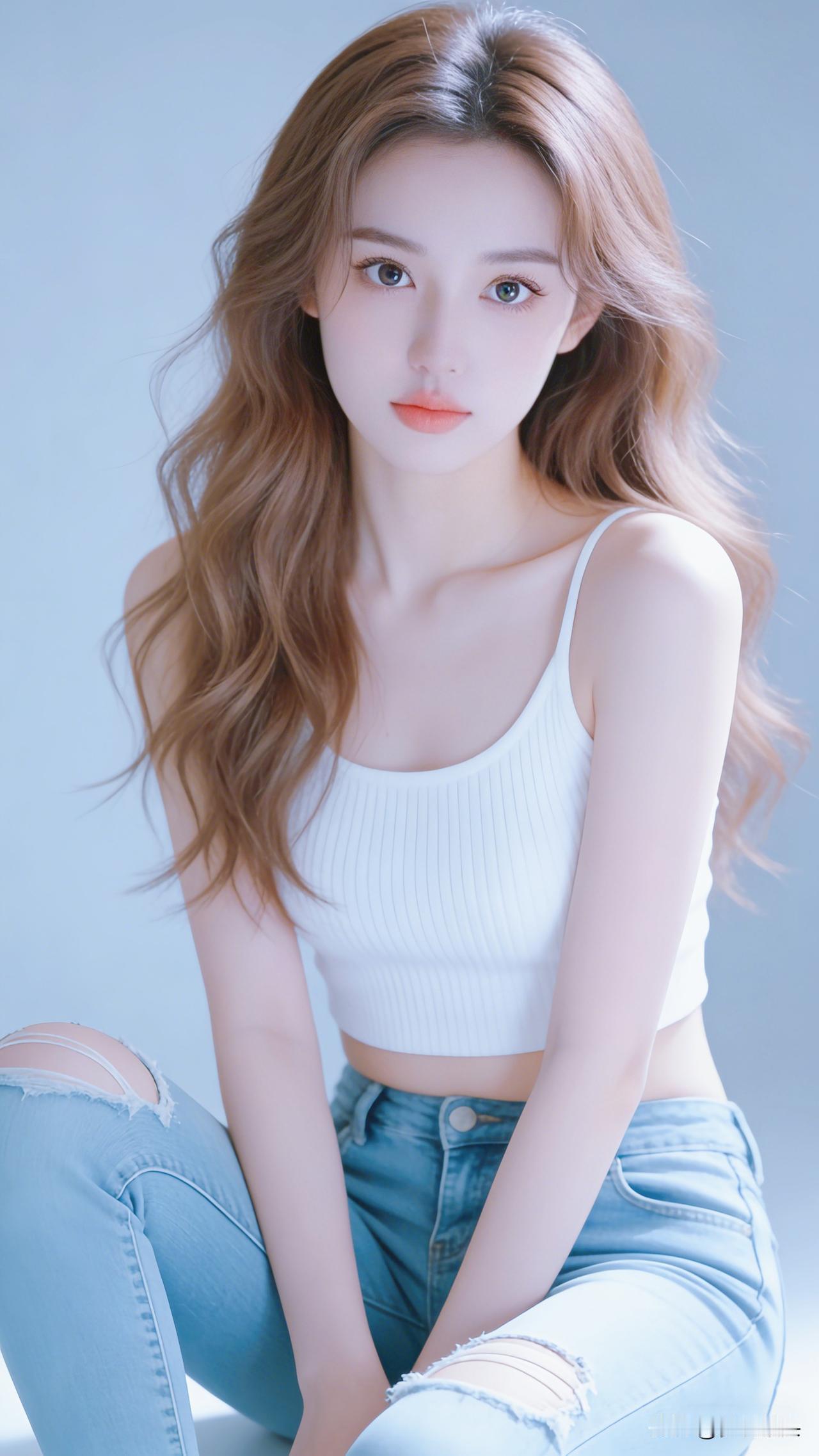 温柔甜美的少女风，白色背心搭配破洞牛仔裤，清新自然！🌸💕牛仔裤紧身和牛仔短裤