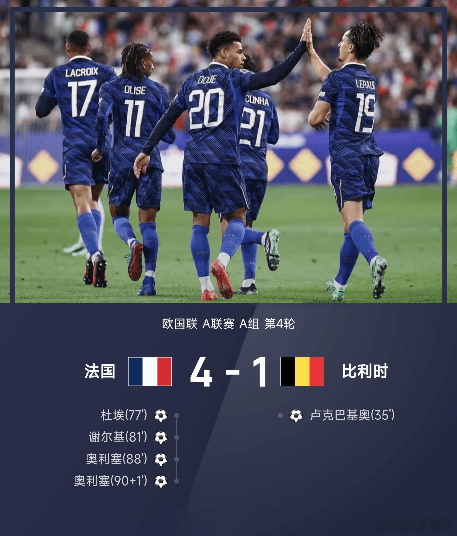 欧国联A组焦点战 法国4-1逆转比利时取大胜欧国联A联赛A组第4轮迎来一场重磅对