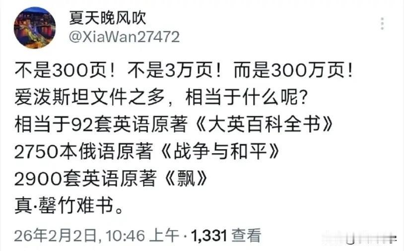 现在外头看到的爱泼斯坦文件，连正菜都算不上，顶多是端上来的一碟凉拌黄瓜。三百万页