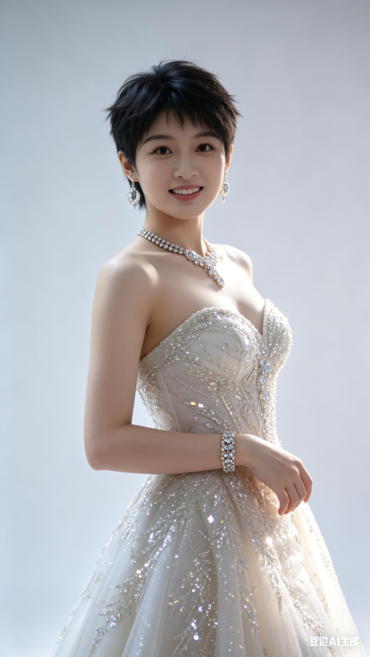 帅气假小子少女，立体流畅脸型，白净肌肤，少年感发型。身着华丽精致礼服，光影下细节