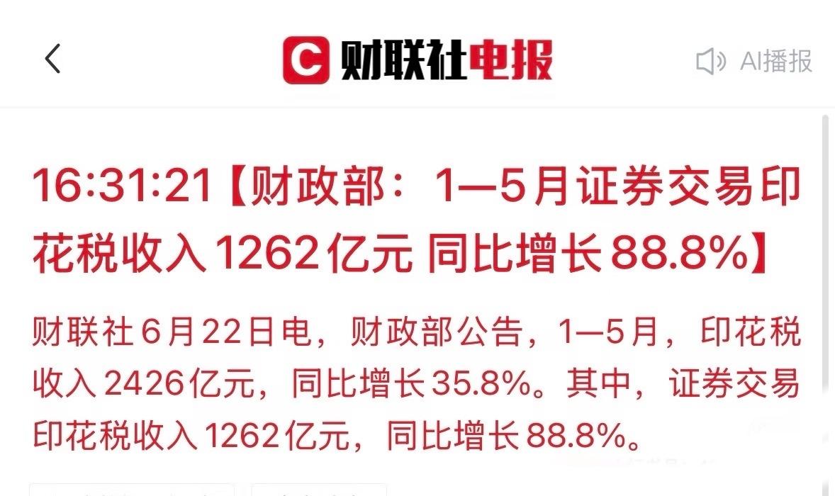 哇塞！1-5月证券市场印花税收入有1262亿元啦。印花税大涨，说明股市热闹，交易