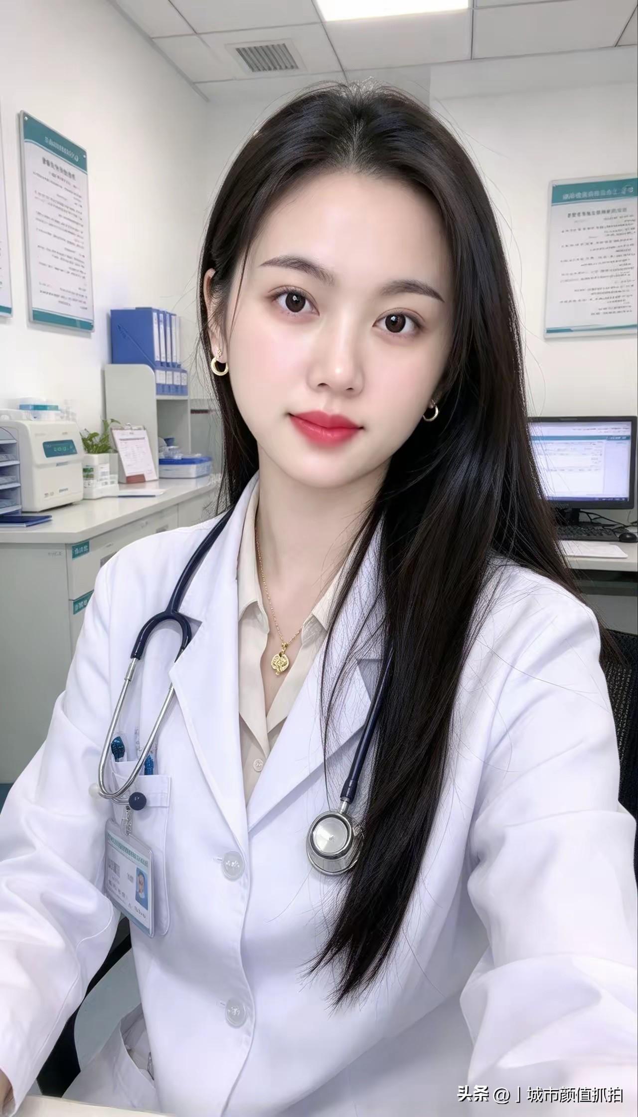 一身干净挺括的白大褂搭着听诊器，胸前别着工作牌，长黑发衬出专业又温柔的气质，这位
