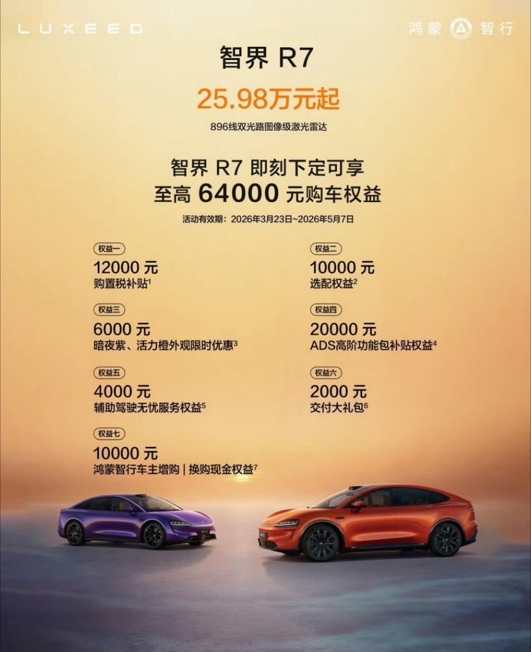 智界R7 1. 智驾真顶华为乾崑ADS 4.0+192线激光雷达，城区无图也能开