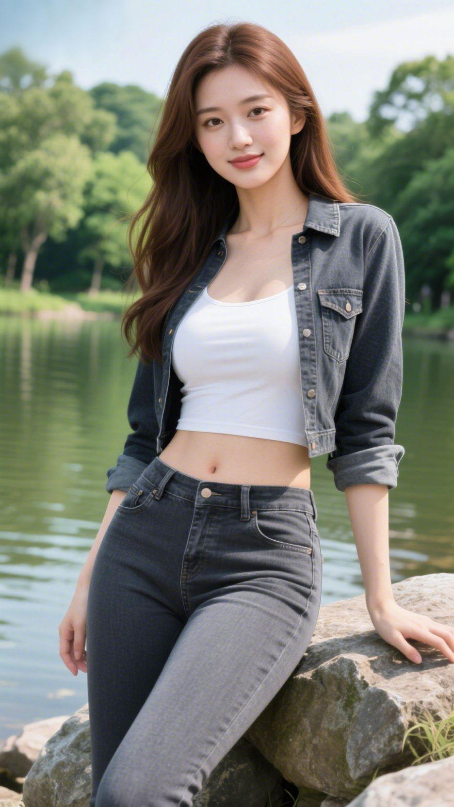 湖畔风正好
微风掠过湖面，揉起细碎的波纹，牛仔的随性裹着白衫的清爽，把夏日的松弛