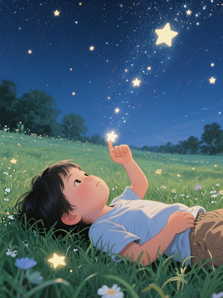 AI妙生图躺在草地上，指尖触星，是孩子与宇宙的亲昵，那是梦开始的地方✨