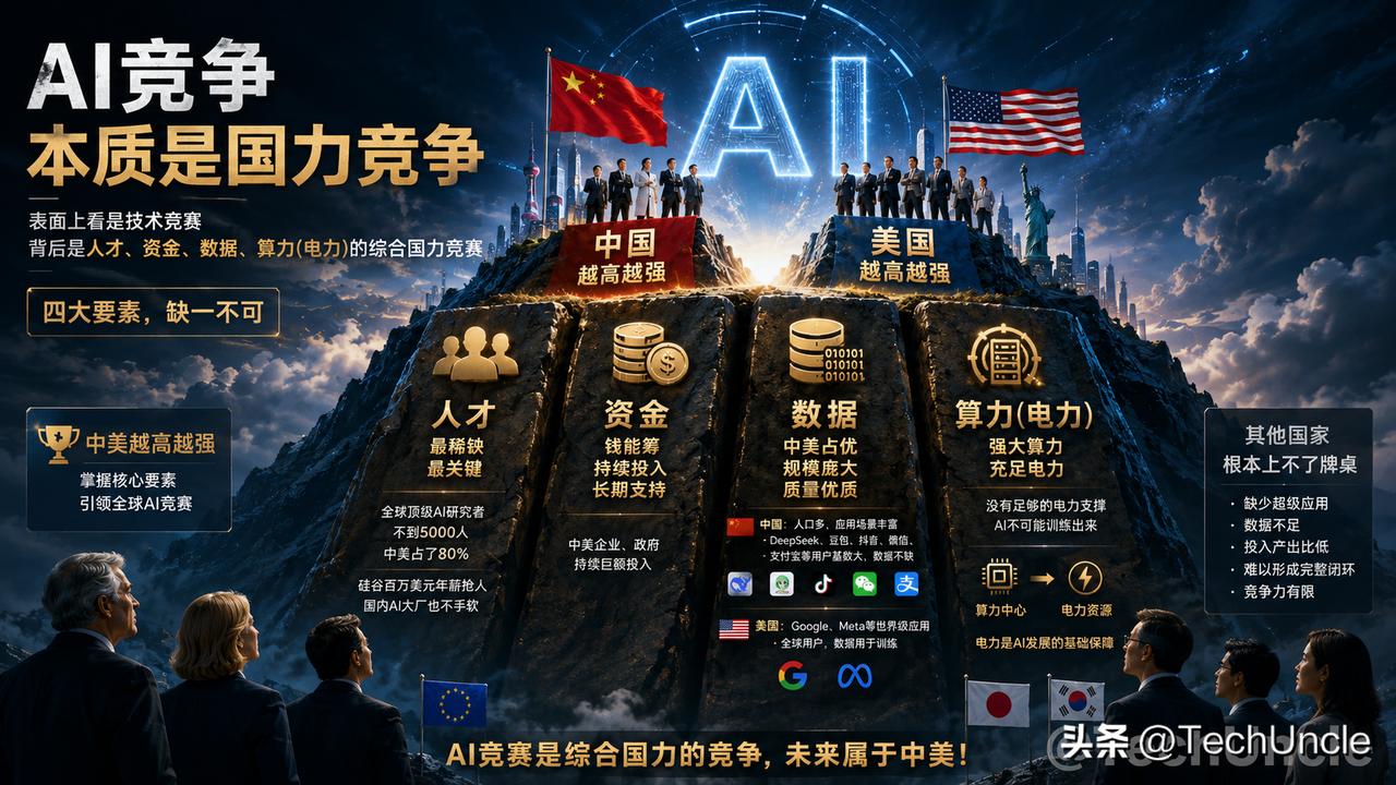 人才——是最稀缺也是最关键的。全球顶级AI研究者不到5000人，中美占了80%。