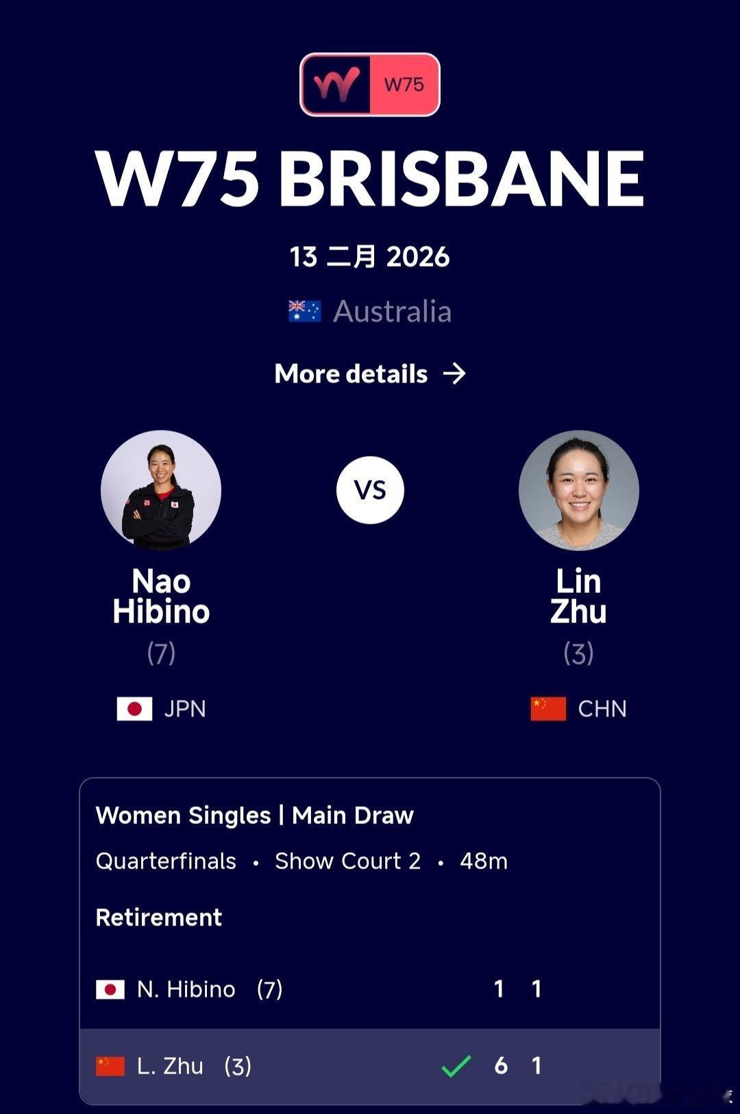 W75布里斯班站🇦🇺女单8进4朱琳🇨🇳6-1/1-1领先日比野菜绪🇯?