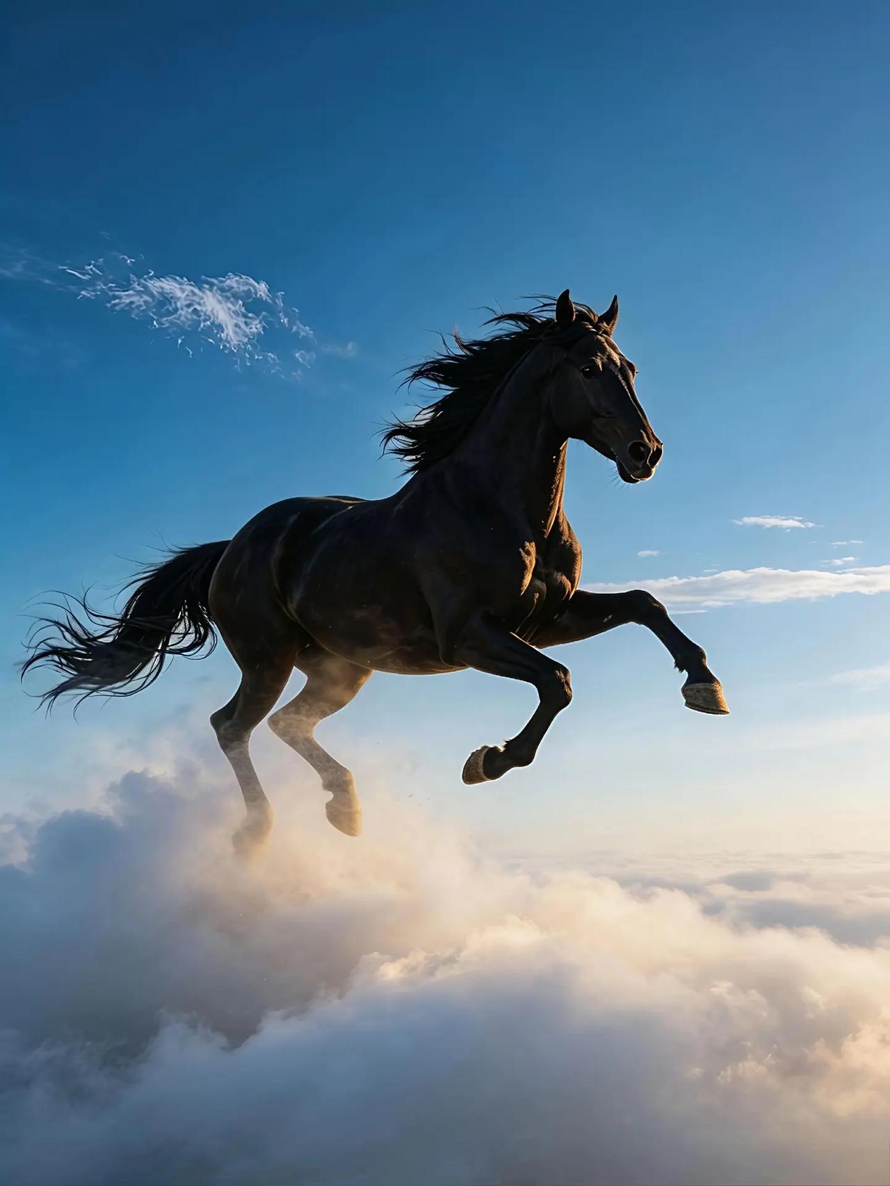 午马踏云而行，风在耳畔低语，自由是此刻的形状 🌤️🐎  黑骏马