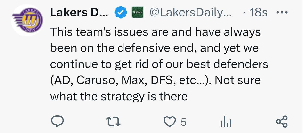 这支球队的问题一直都是在防守端，但是我们还在继续淘汰我们好的防守球员(AD，Ca