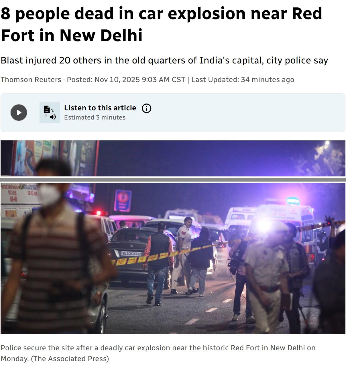 印度首都发生汽车爆炸事件，至少8人死亡
当地时间周一，印度首都新德里历史悠久的红