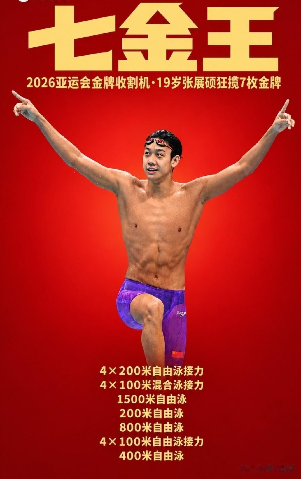 19岁的中国选手张展硕拿下金牌，收获本届亚运会个人第七枚金牌。短距离没有拿金牌，