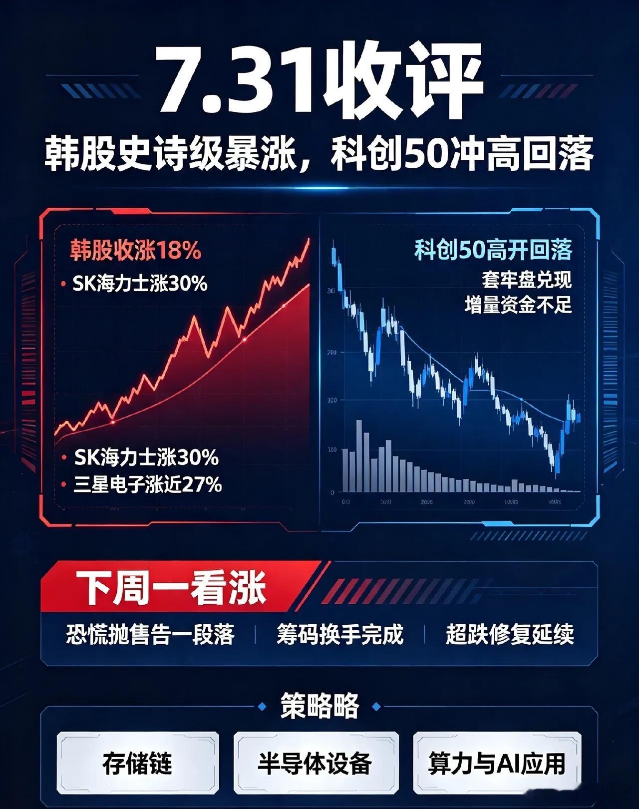 7.31收评：韩股史诗级暴涨，科创50冲高回落！下周一A股看涨。一、盘面复盘今日