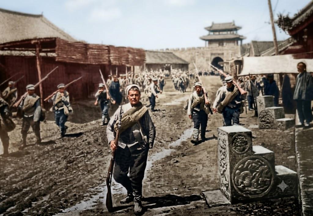 1904年，辽阳，日俄战争辽阳会战前夕，一名沙俄步兵扛步枪直面镜头，身后大批沙俄